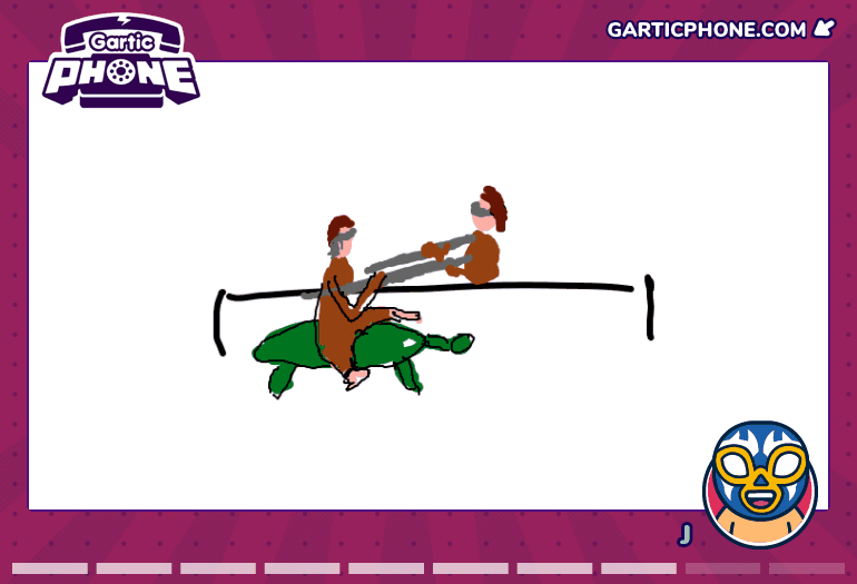 2 Blindfolded Men Jousting whilst Riding Turtles